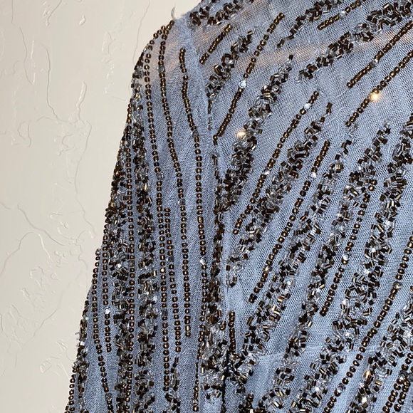 Mac Duggal Long Sleeve Beaded Column Gown in Platinum - Picture 4 of 4
